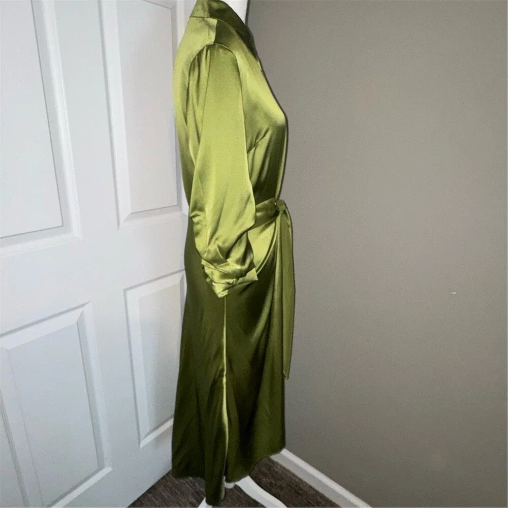 Cinq à Sept Jacey Silk Shirtdress Womens Size 6 Green Moss Tie-Waist Midi Luxe - Picture 5 of 15